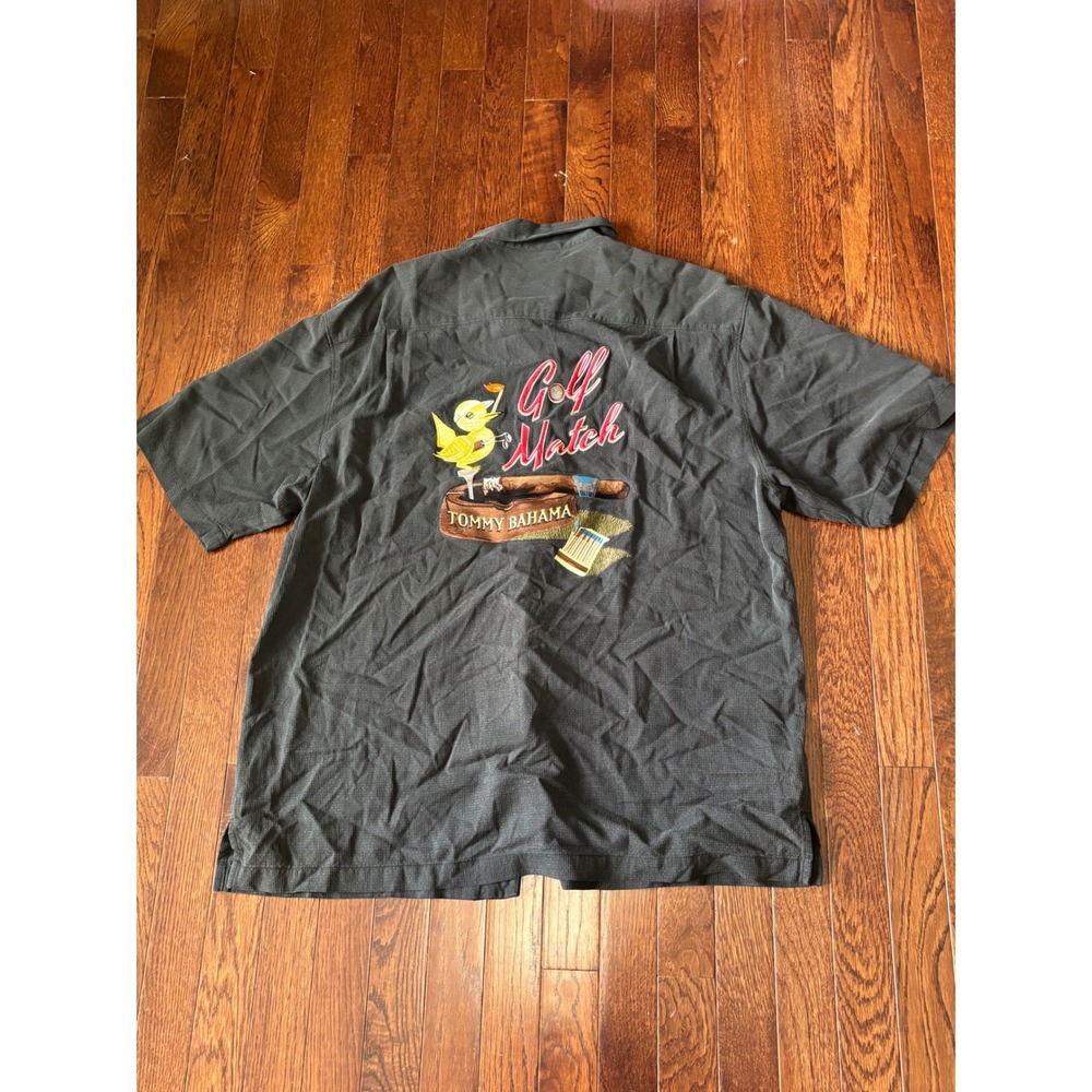 Tommy Bahama Silk Golf Match Shirt Mens XL Gray Short Sleeve Cigar Bird Graphic